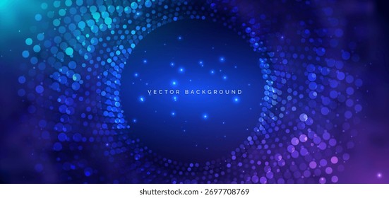 Tecnología punteada brillante sobre fondo azul oscuro. Concepto de red de comunicación de Big data. Ilustración vectorial