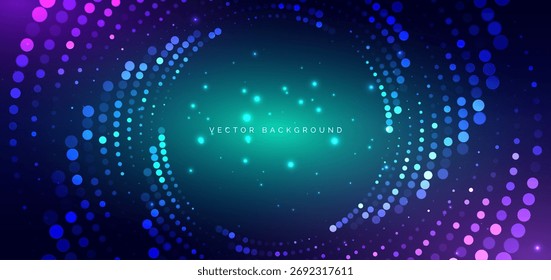 Tecnologia pontilhada espiral brilhante no fundo azul escuro e roxo. Conceito de rede de comunicação de megadados. Ilustração vetorial