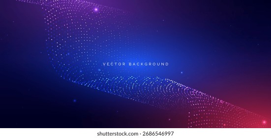 Technology dotted wave glowing on dark blue background. Big data communication network concept. Vector illustration