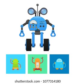 Technology and droids collection, robot and radar, buttons and wheels, screen with information, set of mechanisms isolated on vector illustration