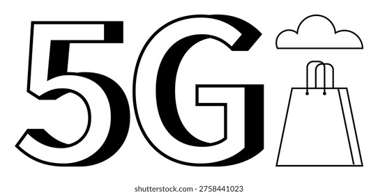 Technology, e-commerce, cloud computing, innovation, wireless networks, data transfer. The image shows 5G with a cloud and a shopping bag. Technology and e-commerce concept