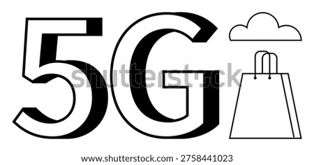 Technology, e-commerce, cloud computing, innovation, wireless networks, data transfer. The image shows 5G with a cloud and a shopping bag. Technology and e-commerce concept