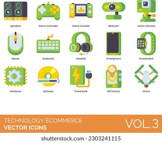 Technology eCommerce Icons including Technology, eCommerce, Online Shop Store, Shipping, Profile, Shopping Cart, Shopping Basket, Retail, Money, Credit Card, Wallet, Secure Payment, Discount, Voucher