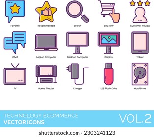 Technology eCommerce Icons including Technology, eCommerce, Online Shop Store, Shipping, Profile, Shopping Cart, Shopping Basket, Retail, Money, Credit Card, Wallet, Secure Payment, Discount, Voucher