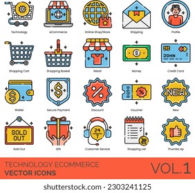 Iconos de comercio electrónico de tecnología que incluyen tecnología, eCommerce, tienda en línea, envío, perfil, carrito de compras, cesta de compras, venta al por menor, dinero, tarjeta de crédito, cartera, pago seguro, descuento, cupón