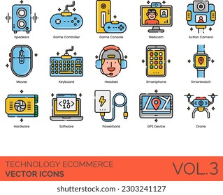 Technology eCommerce Icons including Technology, eCommerce, Online Shop Store, Shipping, Profile, Shopping Cart, Shopping Basket, Retail, Money, Credit Card, Wallet, Secure Payment, Discount, Voucher