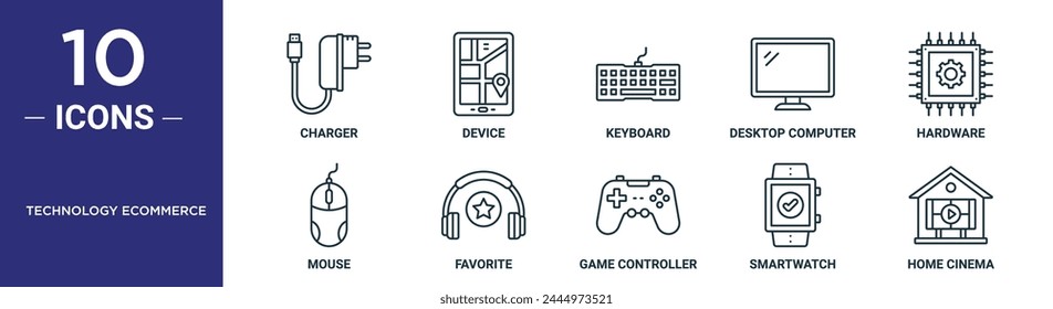 technology ecommerce outline icon set includes thin line charger, device, keyboard, desktop computer, hardware, mouse, favorite icons for report, presentation, diagram, web design