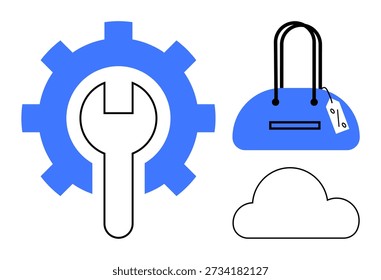 Technology, e-commerce, repair, cloud services, online shopping, tools. Blue gear with wrench overlay, cloud icon and handbag with price tag. Technology and e-commerce concepts