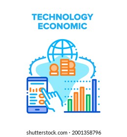 Technology Economic Finance Vector Icon Concept. Monitoring And Analyzing Rates Chart, Selling And Buying On Trade Market Phone Application, Worldwide Technology Economic Finance Color Illustration