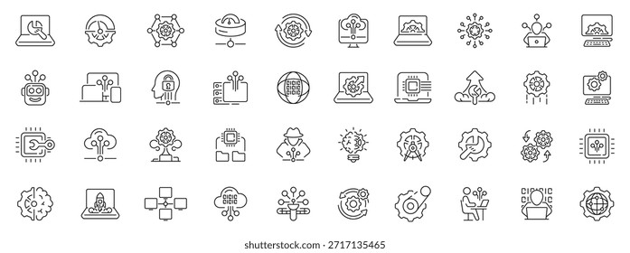 Technology editable line icons set: linear symbols, data and innovation imagery