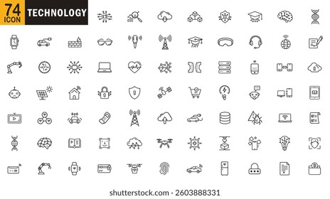 Technology editable outline icon set. Laptop, Computer, Neural network , ai, cloud computer, headphone and more.
