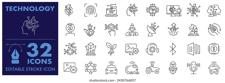 Technology Editable Stroke icon sets. Artificial Intelligence and Smart learning, internet Vector elements.