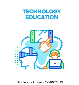 Technology Education Device Vector Icon Concept. Computer And Tablet, Virtual Reality Glasses And E-book Technology Education Device. Student Studying E-learning At Laptop Color Illustration
