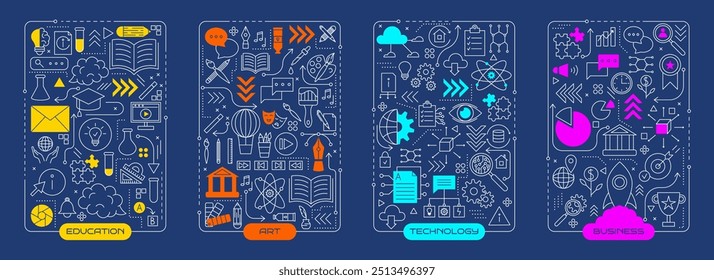 Tecnologia educação infográfico. As pessoas têm um brainstorm. Ícones de linha. Inicialização da arte criativa. Processo de negócios. Diagrama gráfico abstrato. Cérebro inteligente. Pesquisar conceito de sistema. Conjunto de pictogramas planos de jardinagem vetorial