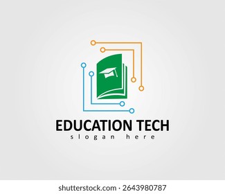 logotipo da educação tecnológica com ícone do livro guia educacional e design do logotipo do vetor da caixa de tecnologia