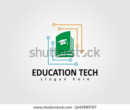 technology education logo with education guide book icon and technology box vector logo design