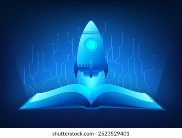 La Educación de Tecnología, Rocket, que surge de un libro abierto en el aire, con un circuito eléctrico a su alrededor, representa la integración de la tecnología y la educación, creando conocimiento y un futuro ilimitado.