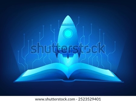 Technology Education, Rocket rising from an open book in mid-air, with an electric circuit around it, represents the integration of technology and education, creating knowledge and a limitless future.