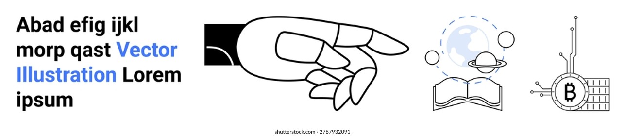 Technology, education, scientific discovery, blockchain, artificial intelligence, digital learning. Abstract hand pointing towards a globe, open book and blockchain icon. Technology and education