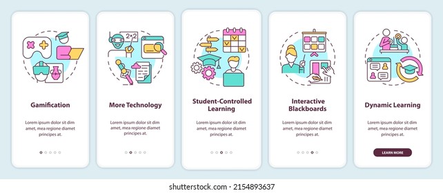 Technology in education trends onboarding mobile app screen. Digital walkthrough 5 steps graphic instructions pages with linear concepts. UI, UX, GUI template. Myriad Pro-Bold, Regular fonts used