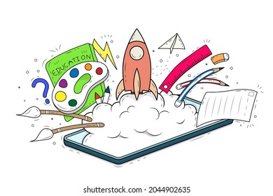 Technology and education, Vector hand drawn outline cartoon character design on white background.