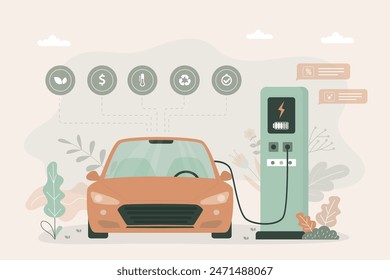 Technology of electric auto with fast charge. Electric car at charging station. Ecologically clean transport, environmental protection. Sustainable development. flat vector illustration