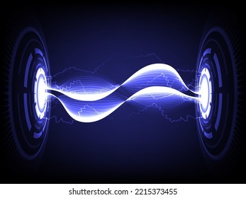 Technology electricity. Lightning glowing thunderbolt and power magic lines on blue background. Energy waves technology concept. Vector illustration. Abstract science banner. Cyber space background.