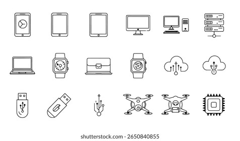 Technology and electronic device line icons. Gadget and computer symbols set.