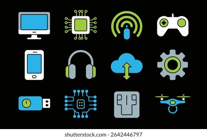 Technology and electronic devices icons isolated on black background