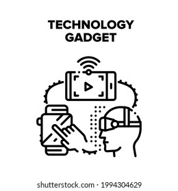 Technology Electronic Gadget Vector Icon Concept. Smart Watches And Virtual Reality Vr Glasses, Smartphone And Tablet Technology Electronic Gadget. Digital Device Black Illustration