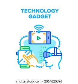 Technology Electronic Gadget Vector Icon Concept. Smart Watches And Virtual Reality Vr Glasses, Smartphone And Tablet Technology Electronic Gadget. Digital Device Color Illustration
