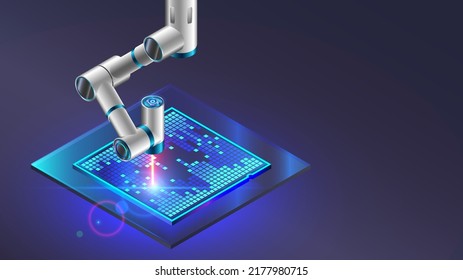 Technology Electronic Manufacturing Of Crystal Semiconductor Chip. Robotic Arm Productions Silicon Processor On Crystal Semiconductor. Electronics Industry Equipment. Nanotechnology Cpu Factory.