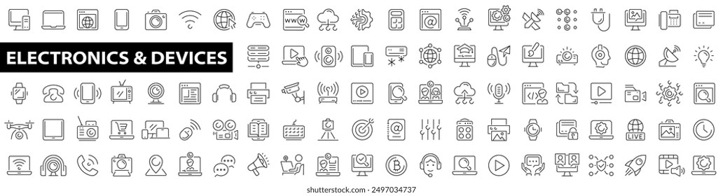 Technology and Electronics and Devices web icon set in line style. Computer, device, phone, laptop, communication, e-commerce, smartphone and more. Vector illustration