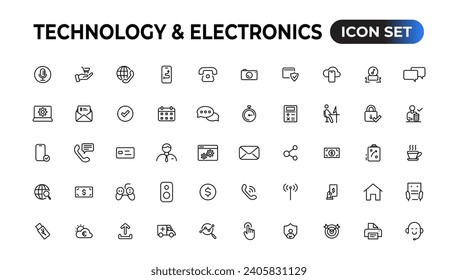 Technology and Electronics and Devices web icons in line style. Device, phone, laptop, communication, smartphone, ecommerce. Vector illustration. 
