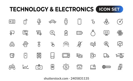 Technology and Electronics and Devices web icons in line style. Device, phone, laptop, communication, smartphone, ecommerce. Vector illustration. 
