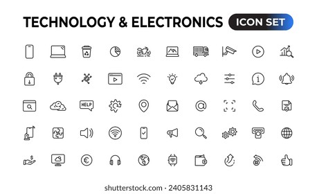 Technology and Electronics and Devices web icons in line style. Device, phone, laptop, communication, smartphone, ecommerce. Vector illustration. 

