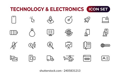 Technology and Electronics and Devices web icons in line style. Device, phone, laptop, communication, smartphone, ecommerce. Vector illustration. 
