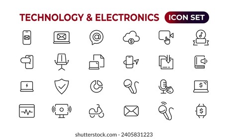 Technology and Electronics and Devices web icons in line style. Device, phone, laptop, communication, smartphone, ecommerce. Vector illustration. 
