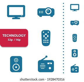 Tecnología, Iconos Electrónicos. Iconos profesionales, perfectos en píxeles, formato EPS 10, optimizado para 32p y 16p
