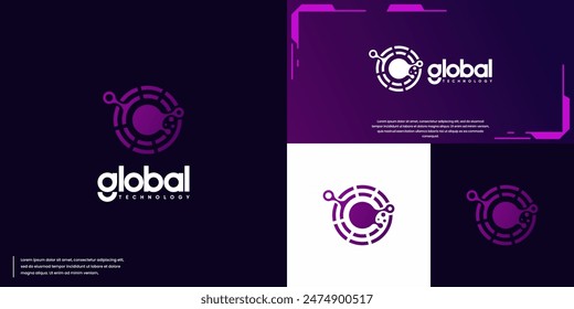 technology elements with a global image through the shape of a globe, logo design inspiration.