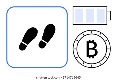 Tecnología, consumo de energía, criptomonedas, tecnología financiera, pasos digitales, conceptos ecológicos. Icono de pasos, diseño de Bitcoin a nivel de batería. Consumo de energía y criptomonedas