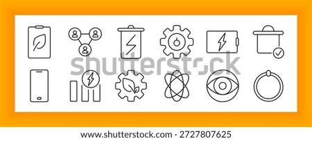 Technology and energy set icon. Clipboard, user network, battery, gear, tablet, podium, chart, bolt, atom, eye, ring displayed in minimal tech layout.
