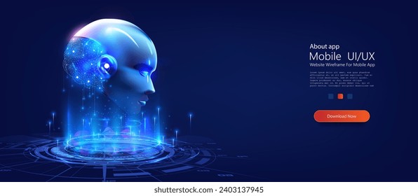 Concepto de tecnología e ingeniería. Inteligencia artificial en cabeza humanoide con pensamiento de red neural, minería de datos, aprendizaje profundo, tecnologías modernas de computación. Ilustración del vector