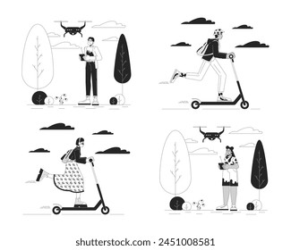 Technology in everyday life black and white cartoon flat illustrations set. Multicultural people 2D lineart characters isolated. Drone UAV, e-scooter monochrome scenes vector outline images collection