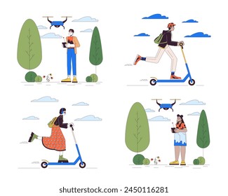 Technology in everyday life line cartoon flat illustrations set. Multicultural people 2D lineart characters isolated on white background. Drone UAV, e-scooter scenes vector color images collection