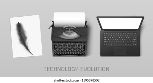 Technology Evolution From Ancient Feather To Vintage Typewriter And Modern Laptop. Vector Concept Illustration Of Progress In Writing Literature From Paper To Computer With Keyboard And Screen