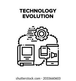 Technology Evolution Progress Vector Icon Concept. From Antique Book To E-book And Audio Literature, Digital Technology Evolution Progress. Smartphone With Application For Reading Black Illustration