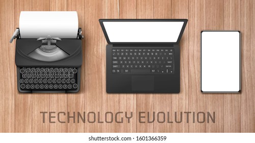 Technology evolution from vintage typewriter to modern laptop and tablet. Vector concept illustration of progress electronic gadgets to computer with keyboard and touchscreen devices