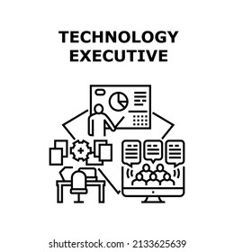 Technology Executive Vector Icon Concept. Technology Executive Presenting Financial Report Chart For Investor In Presentation Room And Online. Video Call With Audience Black Illustration