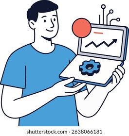 Technology Expert Holding Laptop Vector Illustration.